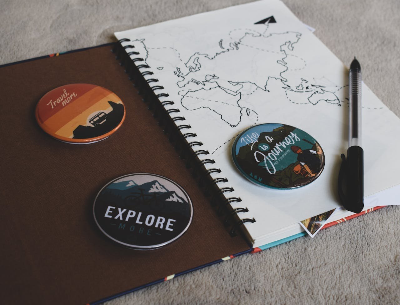 badges and world map